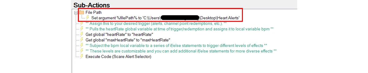 Streamer.Bot filepath setup for the Heart Rate Alert extension.